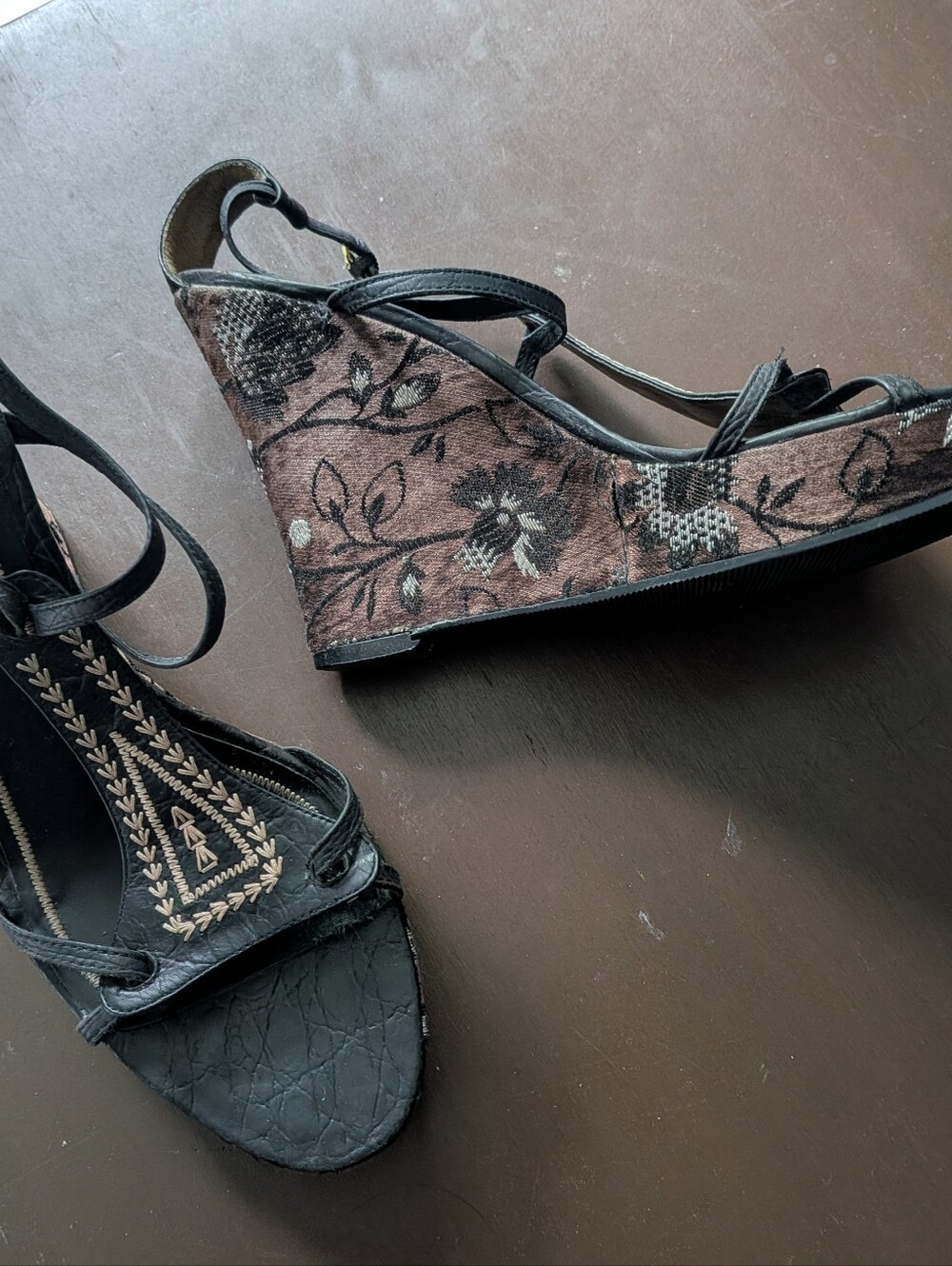 Nine West - Never WornWedge Sandals with Floral Brocade Detail - Black and Brown